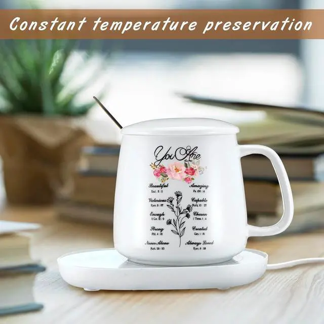 Alt view image 7 of 7 - Suclain Christian Coffee Mug with Warmer Set for Women 13.5 oz Coffee Cup Mug Warmer for Desk Inspirational Electric Cup Warmer with Auto Shut Off for Home Office Mother Teacher Gifts(Elegant)