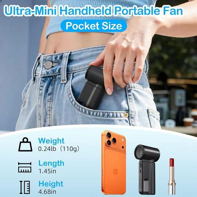 Alt view image 2 of 7 - CIVPOWER Portable Mini Fan Handheld: Personal Travel Fan USB Rechargeable - 100 Speed Turbo Fan with LED Display - Pocket Size 8H Max Runtime, Outdoor Sport Hiking Concert Gift for Women Men, Black