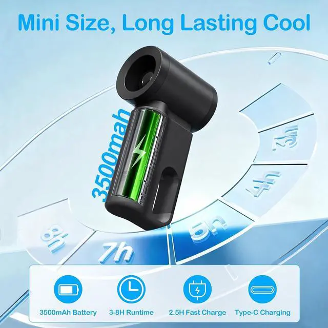 Alt view image 3 of 7 - CIVPOWER Portable Mini Fan Handheld: Personal Travel Fan USB Rechargeable - 100 Speed Turbo Fan with LED Display - Pocket Size 8H Max Runtime, Outdoor Sport Hiking Concert Gift for Women Men, Black
