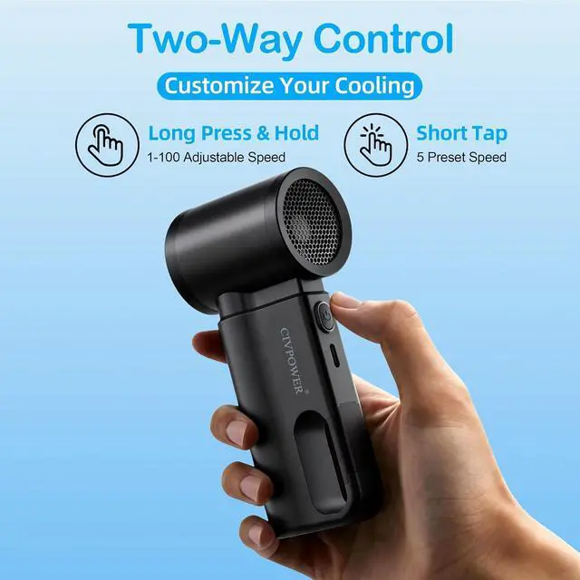 Alt view image 4 of 7 - CIVPOWER Portable Mini Fan Handheld: Personal Travel Fan USB Rechargeable - 100 Speed Turbo Fan with LED Display - Pocket Size 8H Max Runtime, Outdoor Sport Hiking Concert Gift for Women Men, Black