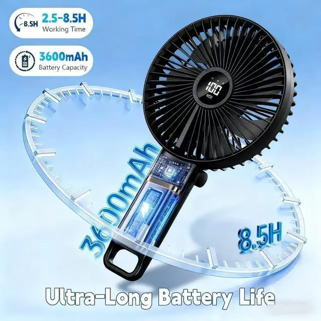Alt view image 4 of 7 - Rechargeable Handheld Fan - 5-Speed Foldable Personal Fan with LCD Display, 90° Foldable, 3600mAh Neck Fan, Ultra-Quiet Pocket Fan for Indoor Outdoor Use