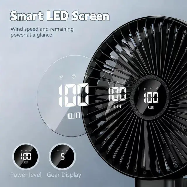 Alt view image 6 of 7 - Rechargeable Handheld Fan - 5-Speed Foldable Personal Fan with LCD Display, 90° Foldable, 3600mAh Neck Fan, Ultra-Quiet Pocket Fan for Indoor Outdoor Use