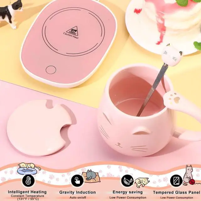 Alt view image 2 of 6 - Reallnaive Cat Coffee Cup Warmer Coffee Warmer with Mug for Women Electric Coffee Mug Heater Temperature Control Ceramic Cute Cat Smart Coffee Warmer for Office Christmas Birthday Gift (Pink)