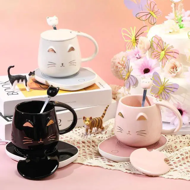 Alt view image 5 of 6 - Reallnaive Cat Coffee Cup Warmer Coffee Warmer with Mug for Women Electric Coffee Mug Heater Temperature Control Ceramic Cute Cat Smart Coffee Warmer for Office Christmas Birthday Gift (Pink)