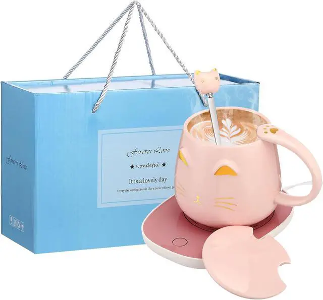 Main image of Reallnaive Cat Coffee Cup Warmer Coffee Warmer with Mug for Women Electric Coffee Mug Heater Temperature Control Ceramic Cute Cat Smart Coffee Warmer for Office Christmas Birthday Gift (Pink)