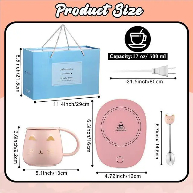 Alt view image 6 of 6 - Reallnaive Cat Coffee Cup Warmer Coffee Warmer with Mug for Women Electric Coffee Mug Heater Temperature Control Ceramic Cute Cat Smart Coffee Warmer for Office Christmas Birthday Gift (Pink)