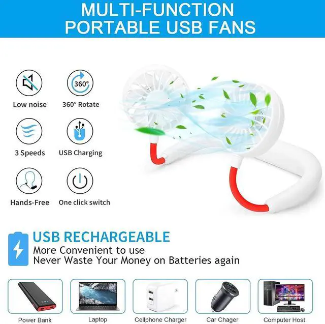 Alt view image 2 of 6 - RJVW Portable Neck Fan, Hand Free Personal Hanging Neck Sports Fan USB Rechargeable (3 Speed Adjustable) Wearable Cooling Head Fan,360 Degree Free Rotation for Traveling, Sports, Office, Reading