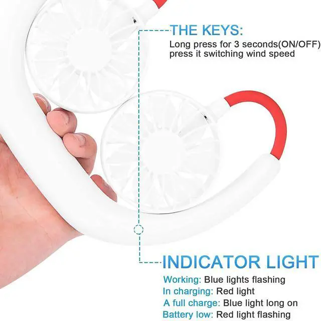 Alt view image 6 of 6 - RJVW Portable Neck Fan, Hand Free Personal Hanging Neck Sports Fan USB Rechargeable (3 Speed Adjustable) Wearable Cooling Head Fan,360 Degree Free Rotation for Traveling, Sports, Office, Reading