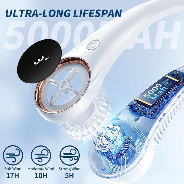 Alt view image 2 of 7 - Personal Cooling Portable Neck Fans - 5000 mAh USB Rechargeable,360 Free Rotation & Lower Noise Bladeless Battery Operated Design with 3 Speeds Duration 48 hrs, Small Neck Air Conditioner(Blue)