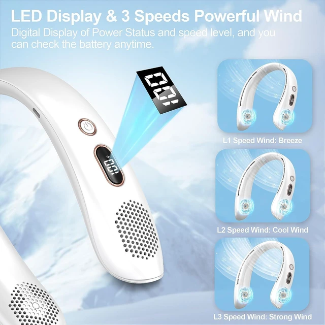 Alt view image 3 of 7 - VEKK Neck Fan, Portable Bladeless Fan, 6000mAh Battery USB Rechargeable, LED Display, 360° Cooling Wearable Personal Fan, 3 Speeds, Quiet, Hands Free Neck Fans for Travel, Outdoor, Camping
