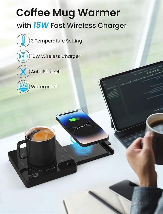 Alt view image 2 of 7 - Coffee Mug Warmer with 15W Wireless Phone Charger & 3A USB Charging Port, 3 Temp Settings & 8H Auto Shut Off, Candle Warmer Plate for Heating Coffee, Milk, Tea & Candles