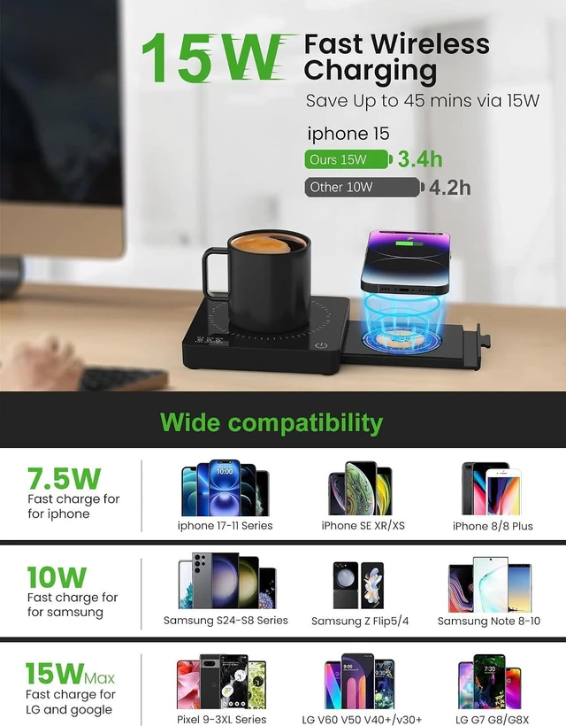 Alt view image 5 of 7 - Coffee Mug Warmer with 15W Wireless Phone Charger & 3A USB Charging Port, 3 Temp Settings & 8H Auto Shut Off, Candle Warmer Plate for Heating Coffee, Milk, Tea & Candles