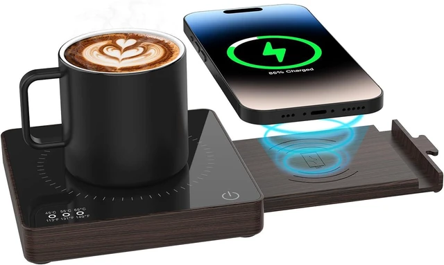 Main image of Coffee Mug Warmer with 15W Wireless Charger & 3A USB Charging Port, 3 Temp Settings & 8H Auto Shut Off, Candle Warmer Plate for Heating Coffee, Milk, Tea & Candles (Wood)