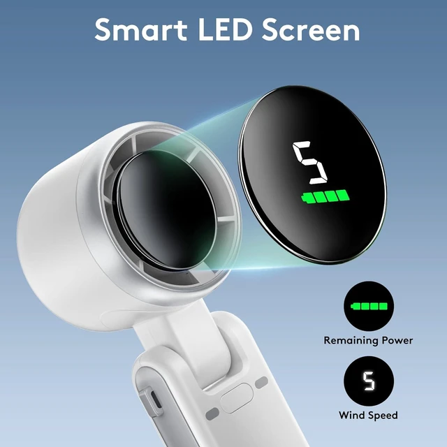 Alt view image 5 of 7 - Portable Handheld Mini Fan, Foldable Powerful Winds Turbo Fan, 6000mAh Battery USB Rechargeable Personal Fan with 5 Speed Adjustable, Digital Display, For Women Men Travel Camping Outdoor