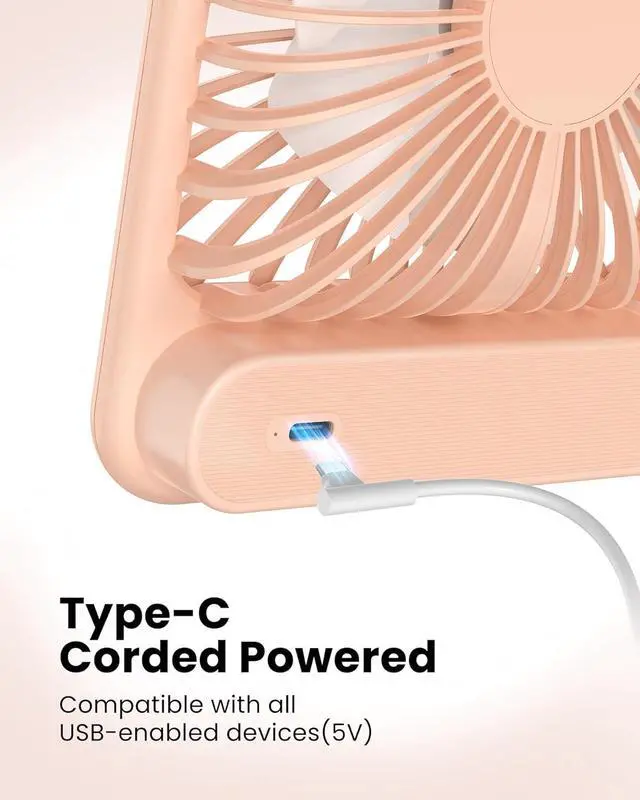 Alt view image 4 of 7 - Koonie USB Desk Fan, Strong Wind Ultra Quiet Small Personal Fan with 180° Tilt Folding and 3 Speeds Adjustable, USB-C Corded Powered Mini USB Fan for Office Desktop Bedroom Pink, NO BATTERY
