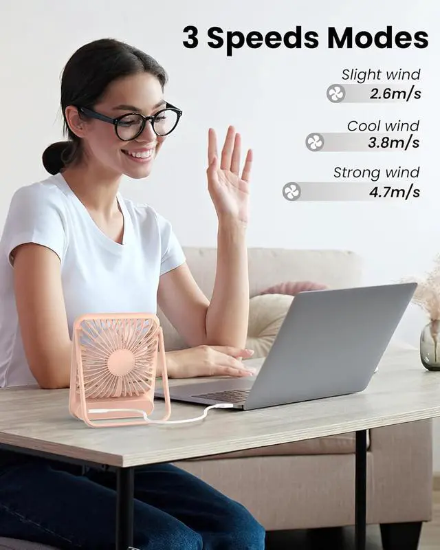 Alt view image 6 of 7 - Koonie USB Desk Fan, Strong Wind Ultra Quiet Small Personal Fan with 180° Tilt Folding and 3 Speeds Adjustable, USB-C Corded Powered Mini USB Fan for Office Desktop Bedroom Pink, NO BATTERY