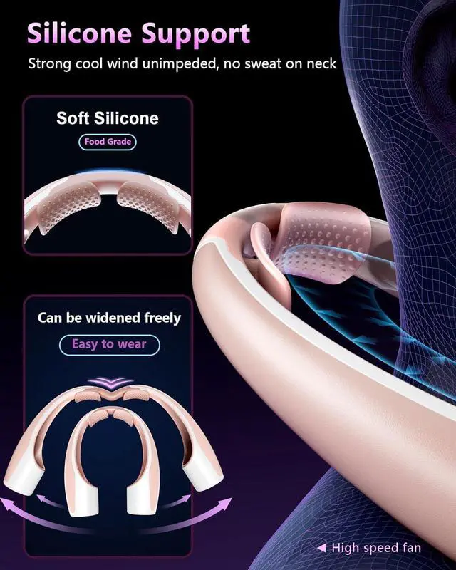 Alt view image 3 of 7 - Rohent Neck Fan Portable for Travel: High Velocity 4 Speeds Cooling Personal Fan Lightweight USB Rechargeable for Women Girls - Pink