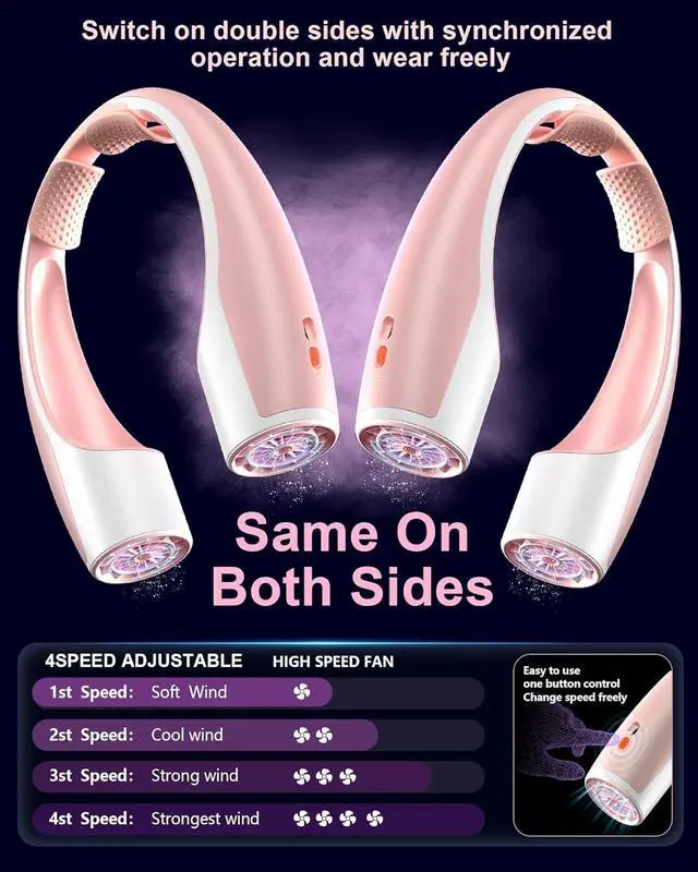 Alt view image 4 of 7 - Rohent Neck Fan Portable for Travel: High Velocity 4 Speeds Cooling Personal Fan Lightweight USB Rechargeable for Women Girls - Pink