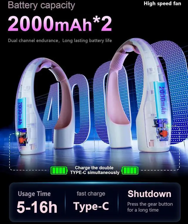Alt view image 5 of 7 - Rohent Neck Fan Portable for Travel: High Velocity 4 Speeds Cooling Personal Fan Lightweight USB Rechargeable for Women Girls - Pink