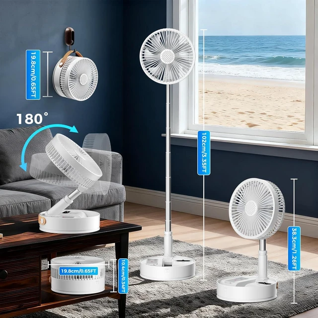Alt view image 4 of 7 - Quntis 8" Foldable Standing Fan with Remote, Portable Outdoor Fan with 3 Adjust-Height & Timer, 4-Speed Quiet Floor Fan, 7200mAh Rechargeable USB Pedestal Fan for Home Bedroom Office Travel Camping