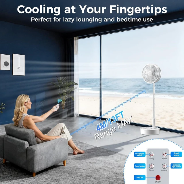 Alt view image 5 of 7 - Quntis 8" Foldable Standing Fan with Remote, Portable Outdoor Fan with 3 Adjust-Height & Timer, 4-Speed Quiet Floor Fan, 7200mAh Rechargeable USB Pedestal Fan for Home Bedroom Office Travel Camping