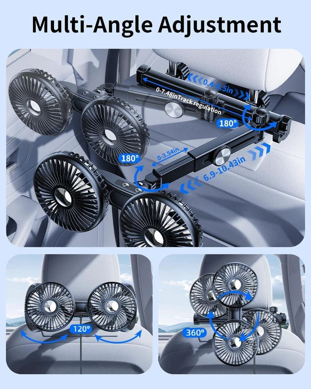 Alt view image 2 of 7 - Dual Head Car Fan for Back Seat,USB Powered Car Backseat Fans for Kids Baby Dog,360° Rotatable 3 Speeds Rear Headrest Cooling Fans,Carseat Cooler Fan that Blow Cold Air for RV SUV Truck