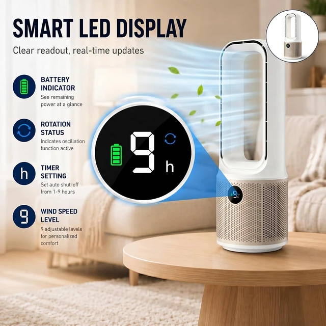 Alt view image 7 of 7 - 14 Inch Bladeless Desk Fan, USB Rechargeable Personal Cooling Fan, Small Ultra Quiet, 5 Wind Speeds