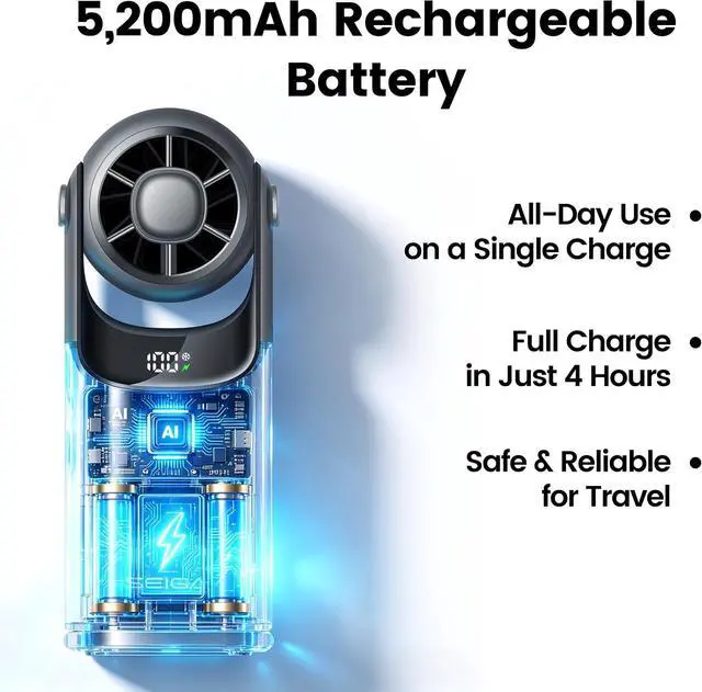 Alt view image 6 of 7 - SEIGA 5200mAh Handheld Turbo Fan with Ice Cooling, 100-Level Stepless Speed, 11m/s Powerful Airflow, 13.5H Long-Lasting Battery, Mini Personal Fan for Travel Outdoor (black)