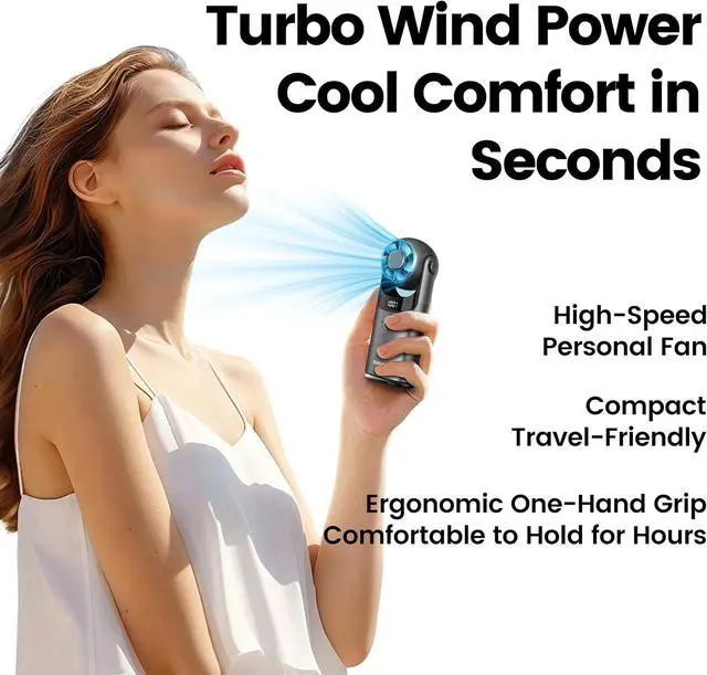 Alt view image 2 of 7 - SEIGA 5200mAh Handheld Turbo Fan with Ice Cooling, 100-Level Stepless Speed, 11m/s Powerful Airflow, 13.5H Long-Lasting Battery, Mini Personal Fan for Travel Outdoor (black)