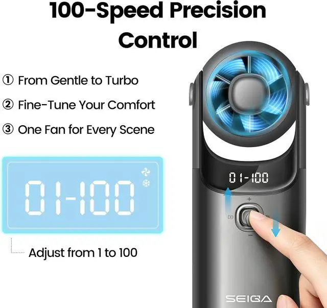 Alt view image 7 of 7 - SEIGA 5200mAh Handheld Turbo Fan with Ice Cooling, 100-Level Stepless Speed, 11m/s Powerful Airflow, 13.5H Long-Lasting Battery, Mini Personal Fan for Travel Outdoor (black)