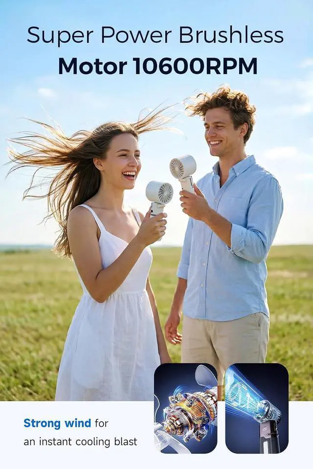Alt view image 3 of 7 - Portable Handheld Fan, Cold Spot, Retractable USB-C Cable, 6000mAh Rechargeable Personal Turbo Fan, Powerful 100-Speed Wind, LED Display,135° Adjustable-Cooling on Table/Neck/Travel/Camping (White)