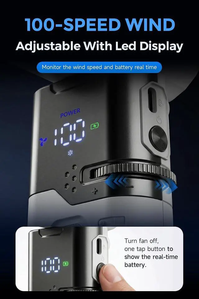 Alt view image 6 of 7 - Portable Handheld Fan, Cold Spot, Retractable USB-C Cable, 6000mAh Rechargeable Personal Turbo Fan, Powerful 100-Speed Wind, LED Display,135° Adjustable-Cooling on Table/Neck/Travel/Camping (White)
