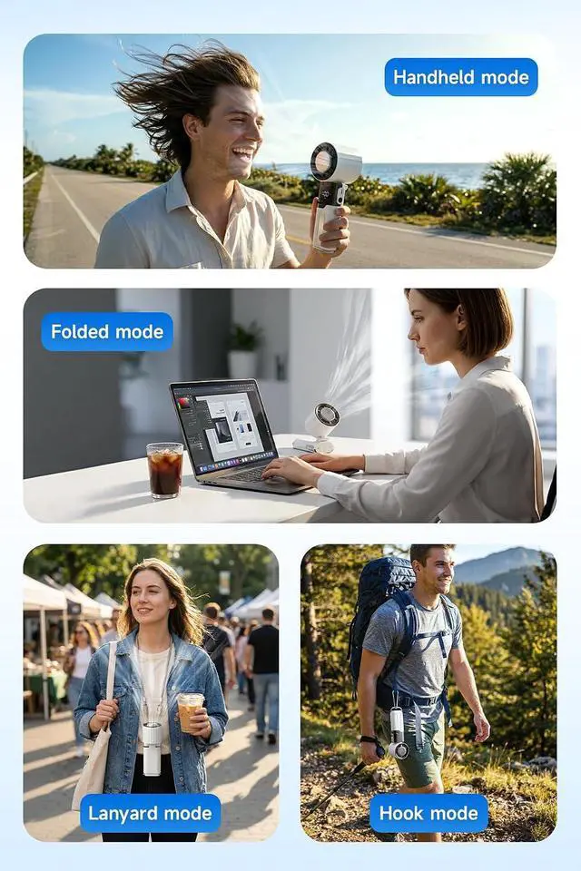 Alt view image 7 of 7 - Portable Handheld Fan, Cold Spot, Retractable USB-C Cable, 6000mAh Rechargeable Personal Turbo Fan, Powerful 100-Speed Wind, LED Display,135° Adjustable-Cooling on Table/Neck/Travel/Camping (White)