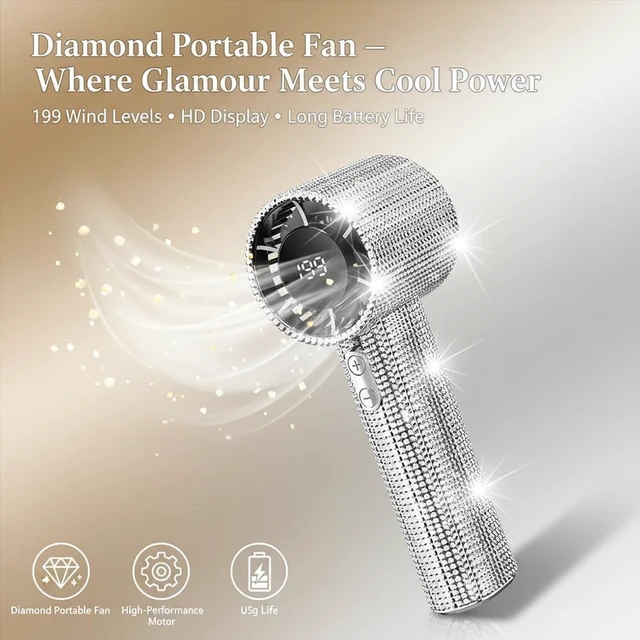 Alt view image 2 of 7 - Diamond Portable Fan - Full Diamond Luxury Handheld Turbo Fan, Max 199 Wind Gear, Rechargeable with Digital Display, Up to 6 Hours Battery Life for Outdoor, Travel, Office (Gradient)