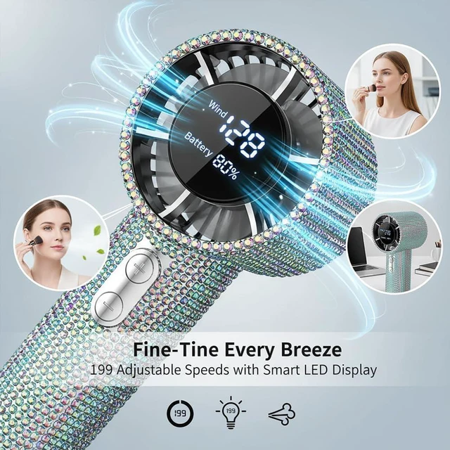 Alt view image 4 of 7 - Diamond Portable Fan - Full Diamond Luxury Handheld Turbo Fan, Max 199 Wind Gear, Rechargeable with Digital Display, Up to 6 Hours Battery Life for Outdoor, Travel, Office (Gradient)