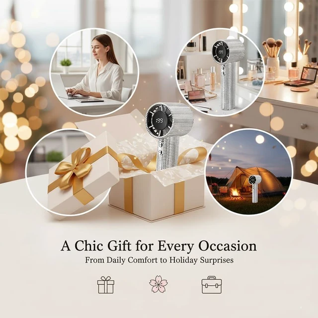 Alt view image 7 of 7 - Diamond Portable Fan - Full Diamond Luxury Handheld Turbo Fan, Max 199 Wind Gear, Rechargeable with Digital Display, Up to 6 Hours Battery Life for Outdoor, Travel, Office (Gradient)