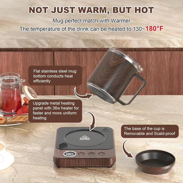 Alt view image 2 of 7 - Coffee Mug Warmer & Mug Set for Desk, Electric 36w Coffee Cup Warmer with Auto Shut Off, Timer. Smart Cup Mug Heater with 16oz Cup for Warming and Heating Coffee, Beverage, Candles, Tea, Cocoa, Wood