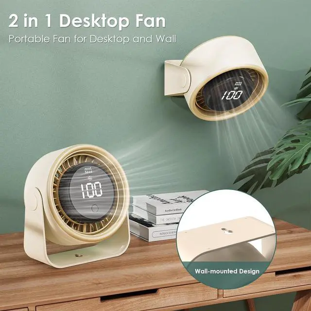 Alt view image 2 of 7 - Minthouz Quiet Desktop & Wall-Mountable Fan, 4 Speeds with 90° Oscillation, USB-C Fast Charging, 3000mAh Rechargeable Battery, Digital Speed Display, Portable Cooling Fan