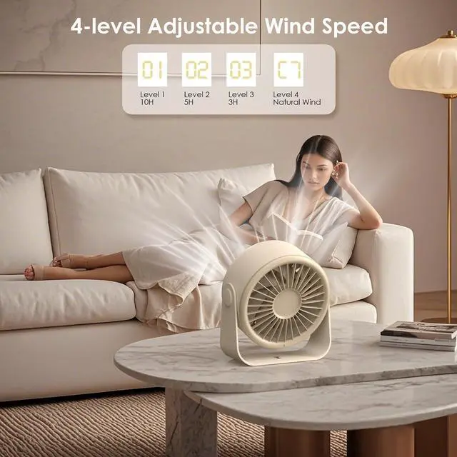Alt view image 4 of 7 - Minthouz Quiet Desktop & Wall-Mountable Fan, 4 Speeds with 90° Oscillation, USB-C Fast Charging, 3000mAh Rechargeable Battery, Digital Speed Display, Portable Cooling Fan