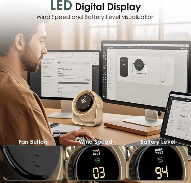 Alt view image 5 of 7 - Minthouz Quiet Desktop & Wall-Mountable Fan, 4 Speeds with 90° Oscillation, USB-C Fast Charging, 3000mAh Rechargeable Battery, Digital Speed Display, Portable Cooling Fan