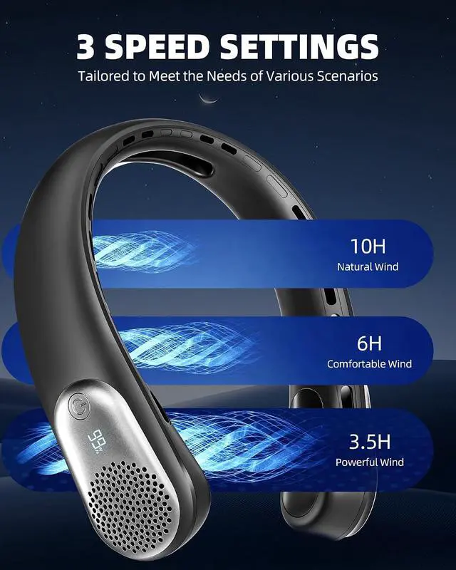 Alt view image 5 of 7 - Neck Fan, Portable Personal Fan around Neck, 4000 mAh Battery Operated with LED Display, 3 Wind Speed, Fast Cooling, Ultra Quiet, USB Rechargeable Fan Men Women Outdoor Indoor