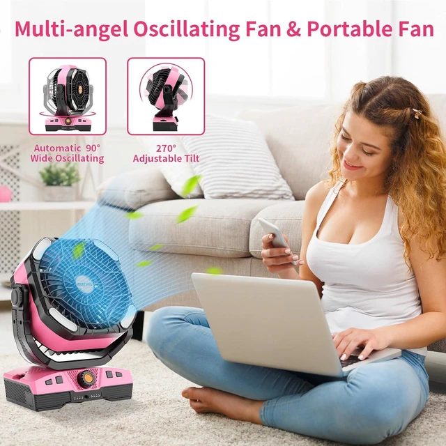 Alt view image 4 of 7 - WESTTREE Camping Fan Oscillating Portable Fan 20000mAh Battery Powered Fans Rechargeable Camping Tent essentials Light Hook 270° Pivot USB Desk Outdoor Battery Operated X68 Pink