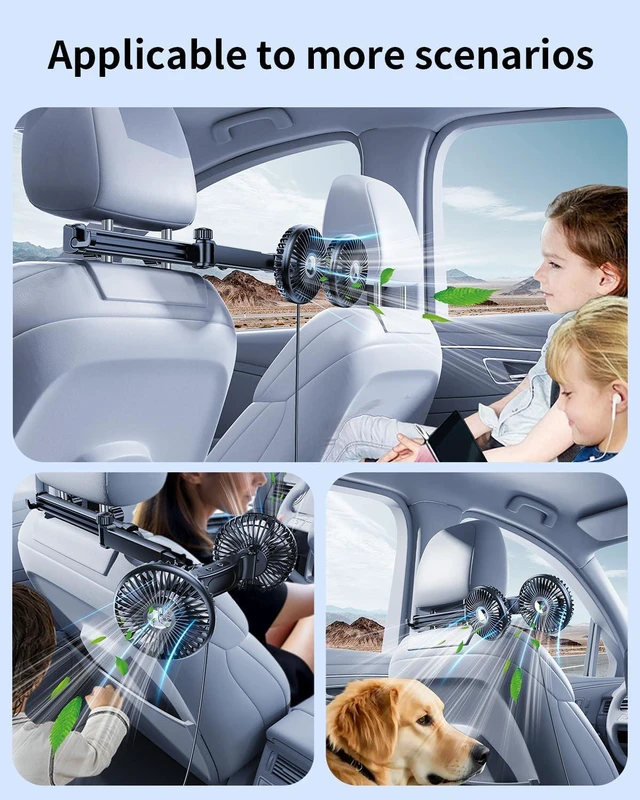 Alt view image 6 of 7 - Dual Head Car Fan for Back Seat,USB Powered Car Backseat Fans for Kids Baby Dog,360° Rotatable 3 Speeds Rear Headrest Cooling Fans,Carseat Cooler Fan that Blow Cold Air for RV SUV Truck