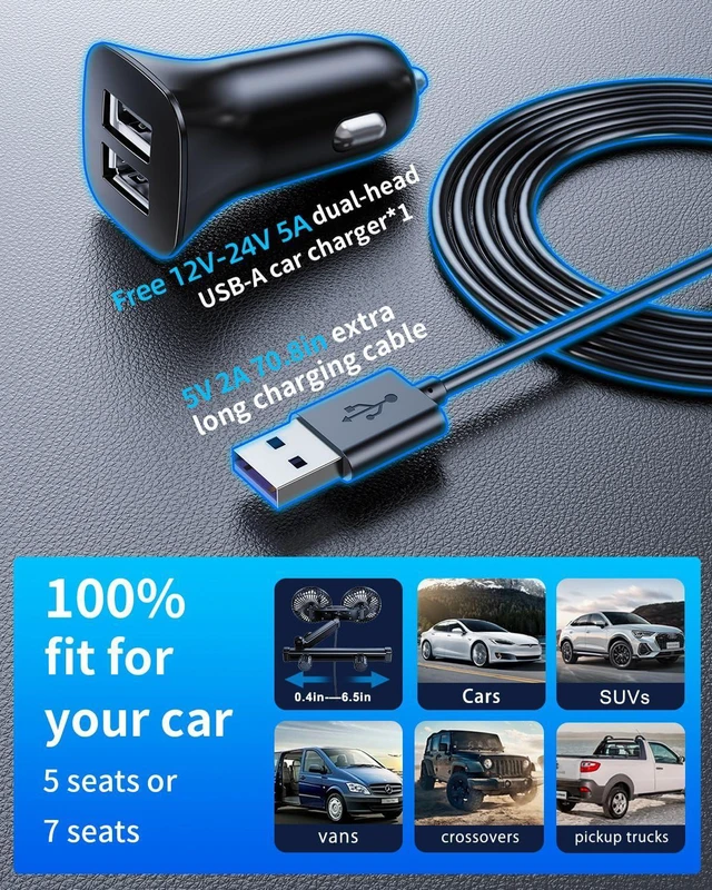 Alt view image 7 of 7 - Dual Head Car Fan for Back Seat,USB Powered Car Backseat Fans for Kids Baby Dog,360° Rotatable 3 Speeds Rear Headrest Cooling Fans,Carseat Cooler Fan that Blow Cold Air for RV SUV Truck