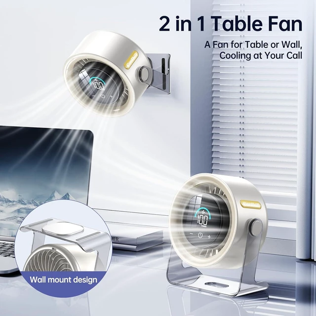 Alt view image 2 of 7 - Cordless Wall Mounted Fan, Small Rechargeable Wall Fan for Bedroom and Kitchen, 100 Speeds Quiet Fan with Digital Display, 120° Tilt 2-in-1 Portable Desk Fan for Bunk Bed(White)