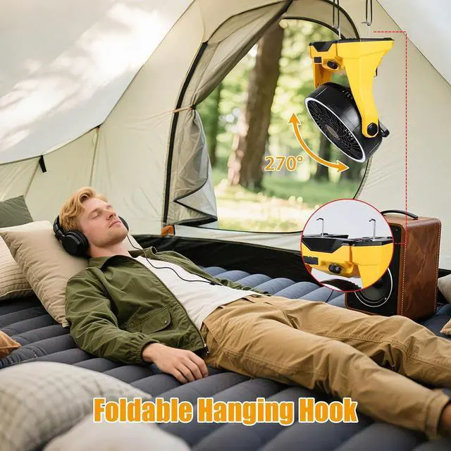 Alt view image 2 of 6 - Fan Compatible with DeWalt 20V Battery Portable Jobsite Camping Fan with Infinite Speed Control USB-C and USB Charging, Hook, Handle 270° Tilt 4.5H Max Runtime for Outdoor Use Battery Not Included