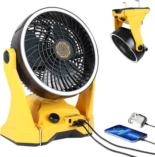 Main image of Fan Compatible with DeWalt 20V Battery Portable Jobsite Camping Fan with Infinite Speed Control USB-C and USB Charging, Hook, Handle 270° Tilt 4.5H Max Runtime for Outdoor Use Battery Not Included