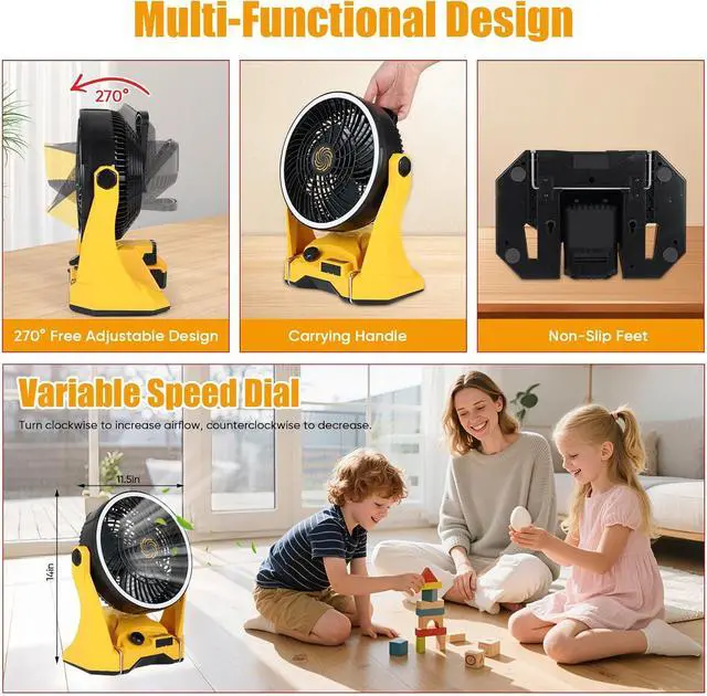 Alt view image 3 of 6 - Fan Compatible with DeWalt 20V Battery Portable Jobsite Camping Fan with Infinite Speed Control USB-C and USB Charging, Hook, Handle 270° Tilt 4.5H Max Runtime for Outdoor Use Battery Not Included