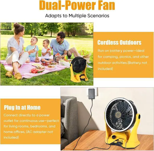 Alt view image 4 of 6 - Fan Compatible with DeWalt 20V Battery Portable Jobsite Camping Fan with Infinite Speed Control USB-C and USB Charging, Hook, Handle 270° Tilt 4.5H Max Runtime for Outdoor Use Battery Not Included