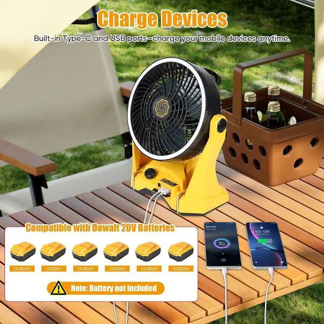 Alt view image 5 of 6 - Fan Compatible with DeWalt 20V Battery Portable Jobsite Camping Fan with Infinite Speed Control USB-C and USB Charging, Hook, Handle 270° Tilt 4.5H Max Runtime for Outdoor Use Battery Not Included